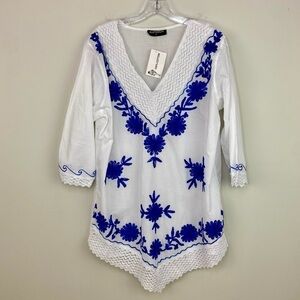 Antigua White blue embroidered swim cover up or tunic top size L